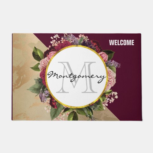 Gold Marble Pattern and Burgundy Florals Monogram Doormat