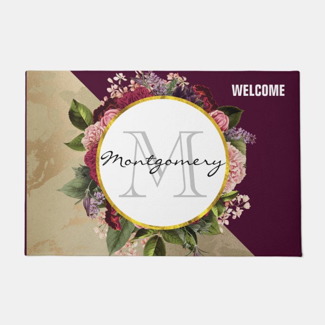 Gold Marble Pattern and Burgundy Florals Monogram Doormat (Front)