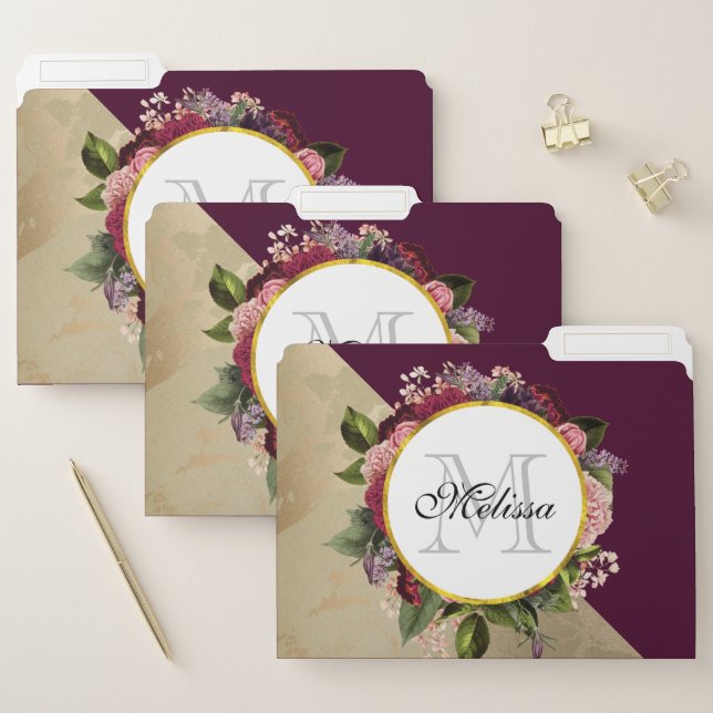 Gold Marble Pattern and Burgundy Florals Monogram File Folder (Set)