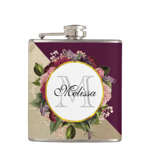 Gold Marble Pattern and Burgundy Florals Monogram Flask