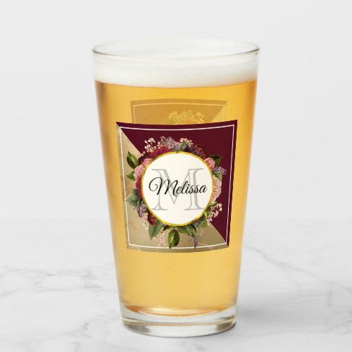 Gold Marble Pattern and Burgundy Florals Monogram Glass