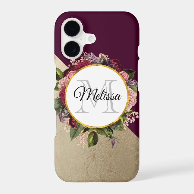 Gold Marble Pattern and Burgundy Florals Monogram Iphone Case (Back)