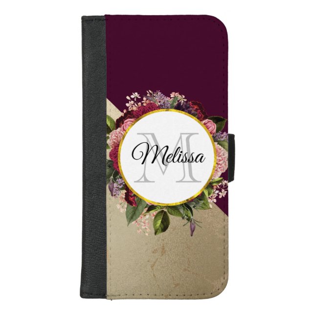 Gold Marble Pattern and Burgundy Florals Monogram iPhone Wallet Case (Front)