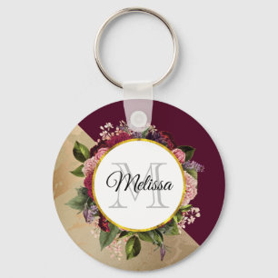 Gold Marble Pattern and Burgundy Florals Monogram Keychain