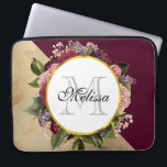 Gold Marble Pattern and Burgundy Florals Monogram Laptop Sleeve<br><div class="desc">A laptop bag with a golden marble pattern and a solid burgundy color layered diagonally together. A circle with a faux gold foil border which is layered over a pretty floral bouquet with roses,  carnations and other flowers.  Personalize with your name and monogram inside the circle.</div>
