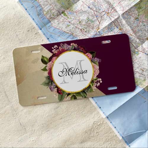 Gold Marble Pattern and Burgundy Florals Monogram License Plate