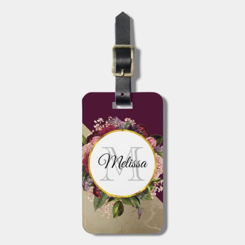 Gold Marble Pattern and Burgundy Florals Monogram Luggage Tag