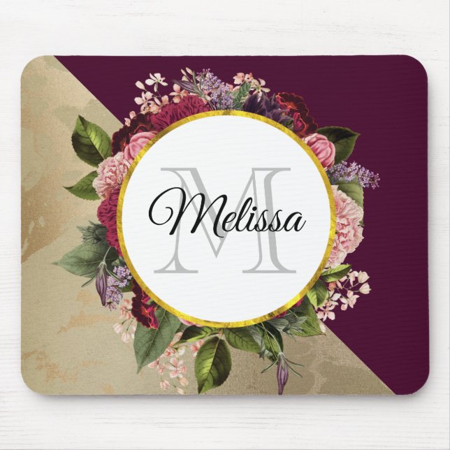 Gold Marble Pattern and Burgundy Florals Monogram Mouse Pad (Front)