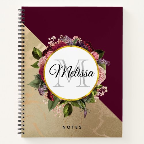Gold Marble Pattern and Burgundy Florals Monogram Notebook