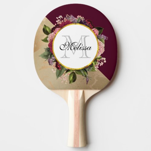 Gold Marble Pattern and Burgundy Florals Monogram Ping Pong Paddle