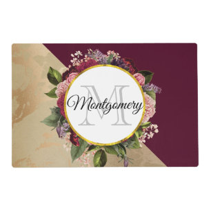 Gold Marble Pattern and Burgundy Florals Monogram Placemat