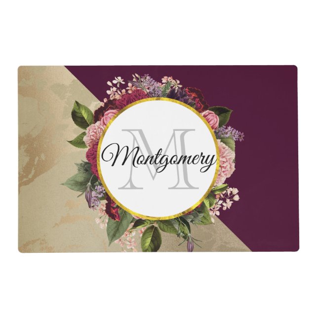 Gold Marble Pattern and Burgundy Florals Monogram Placemat (Front)