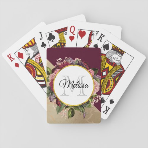 Gold Marble Pattern and Burgundy Florals Monogram Poker Cards