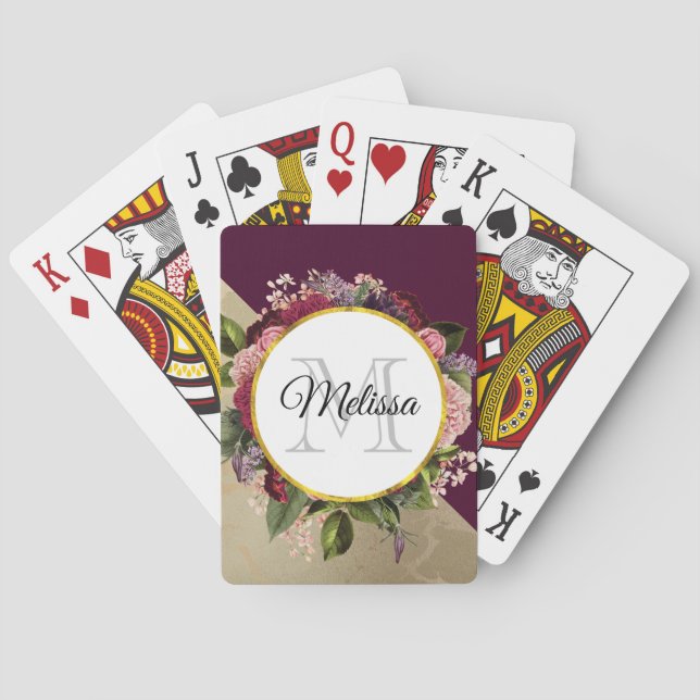 Gold Marble Pattern and Burgundy Florals Monogram Poker Cards (Back)