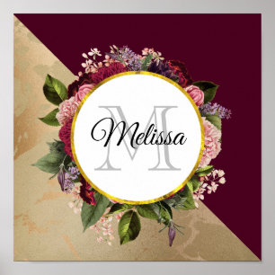 Gold Marble Pattern and Burgundy Florals Monogram Poster