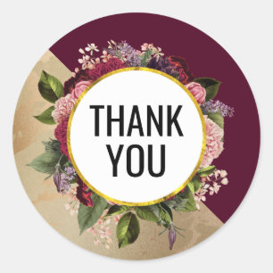 Gold Marble Pattern and Burgundy Florals Thank You Classic Round Sticker