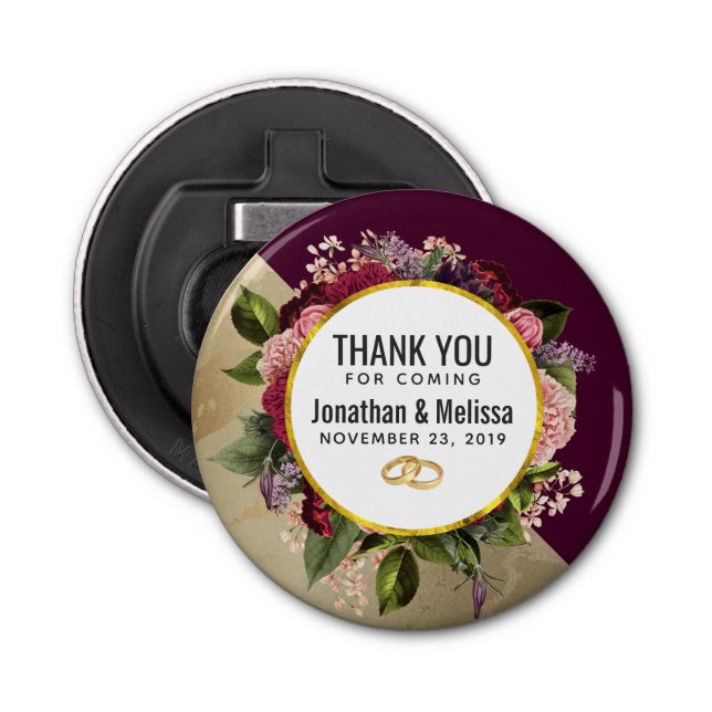 Gold Marble Pattern and Burgundy Florals Wedding Bottle Opener (Front)