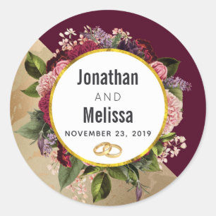 Gold Marble Pattern and Burgundy Florals Wedding Classic Round Sticker