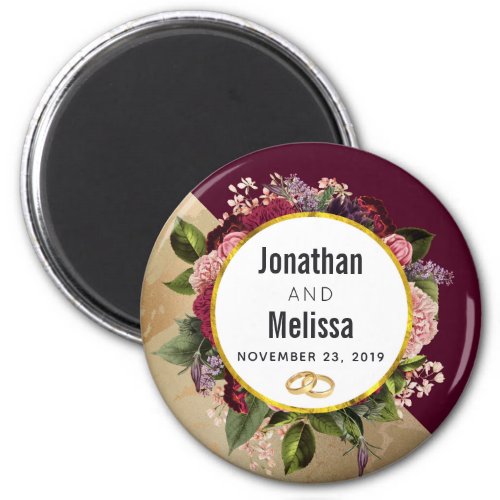 Gold Marble Pattern and Burgundy Florals Wedding Magnet