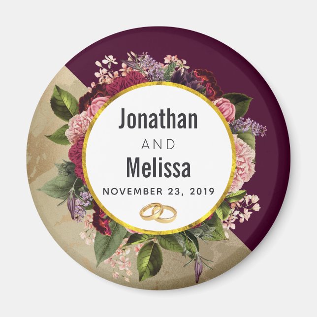 Gold Marble Pattern and Burgundy Florals Wedding Magnet (Front)