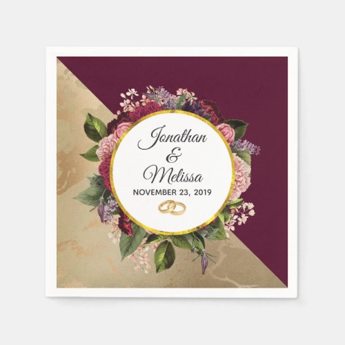 Gold Marble Pattern and Burgundy Florals Wedding Napkins