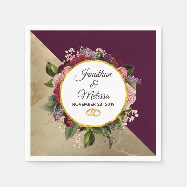 Gold Marble Pattern and Burgundy Florals Wedding Napkins (Front)