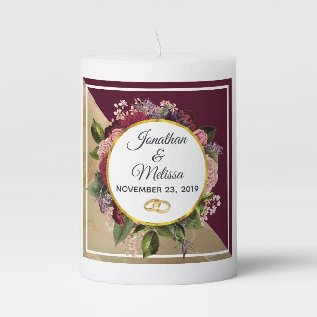 Gold Marble Pattern and Burgundy Florals Wedding Pillar Candle (Front)