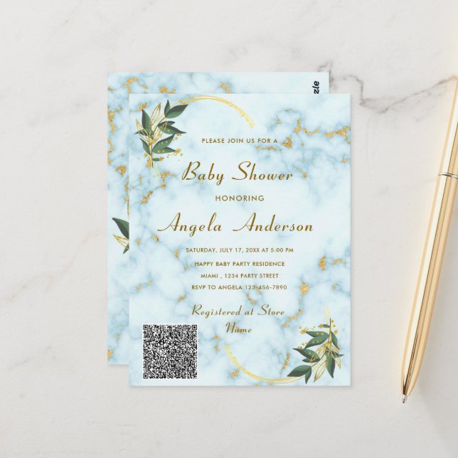 Gold Marble QR Code Baby Shower Invitation Card (Front/Back In Situ)