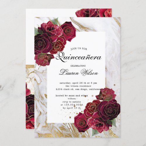 gold marble roses floral  Quinceanera Invitation