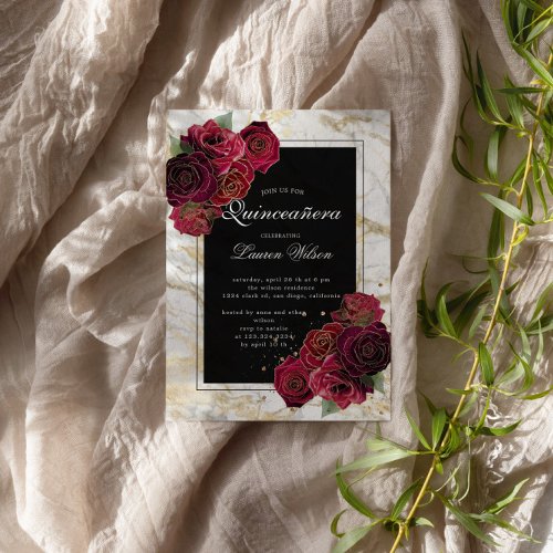 Gold Marble Roses Floral Quinceanera Invitation