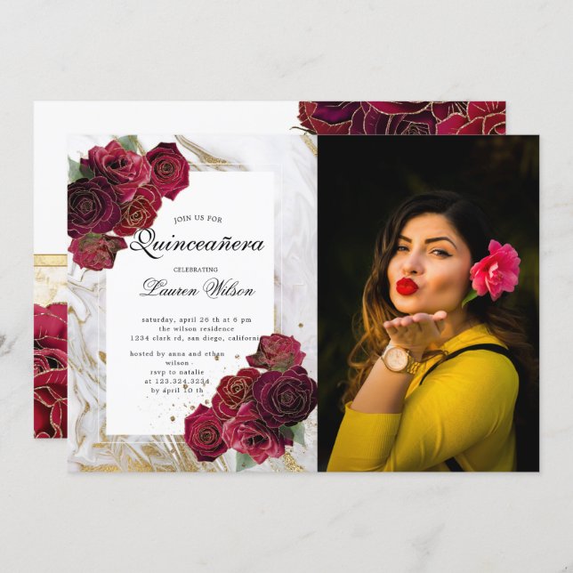 gold marble roses floral  Quinceanera Photo  Invit Invitation (Front/Back)