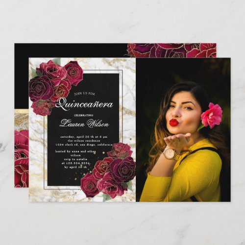 gold marble roses floral  Quinceanera Photo  Invitation