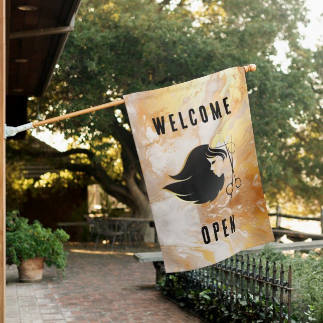 Gold Marble Salon Welcome Open Flag (In SItu)