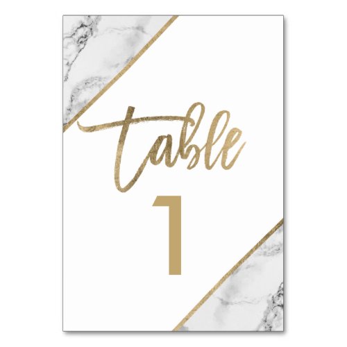 Gold marble script chic white table number