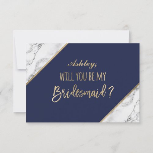 Gold marble script navy blue be my bridesmaid invitation