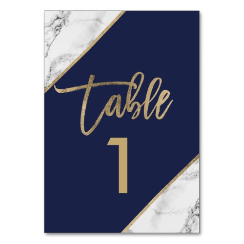 Gold marble script navy blue table number