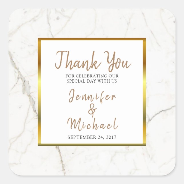 Gold Marble script Wedding Thank You Favor Square Sticker (Front)