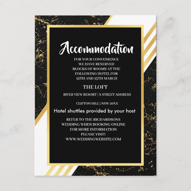 Gold marble stripes typography black Accommodation Announcement Postcard (Front)