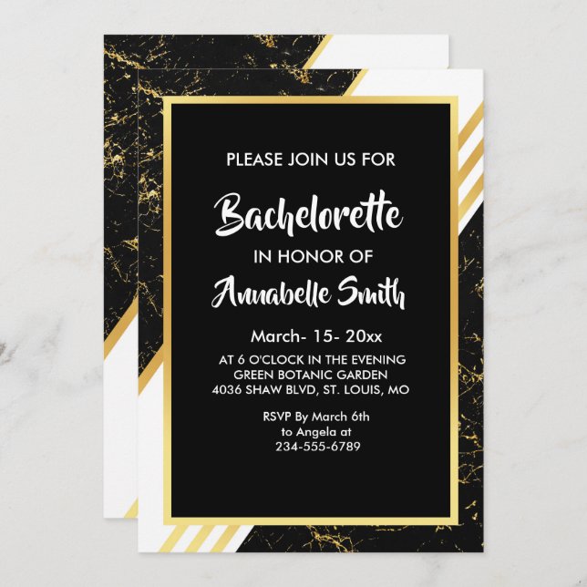 Gold marble stripes typography black bachelor invitation (Front/Back)