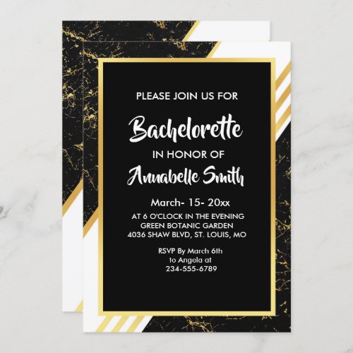 Gold marble stripes typography black bachelor invitation