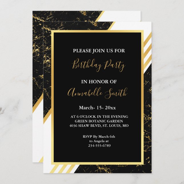 Gold marble stripes typography black Birthday Invitation (Front/Back)