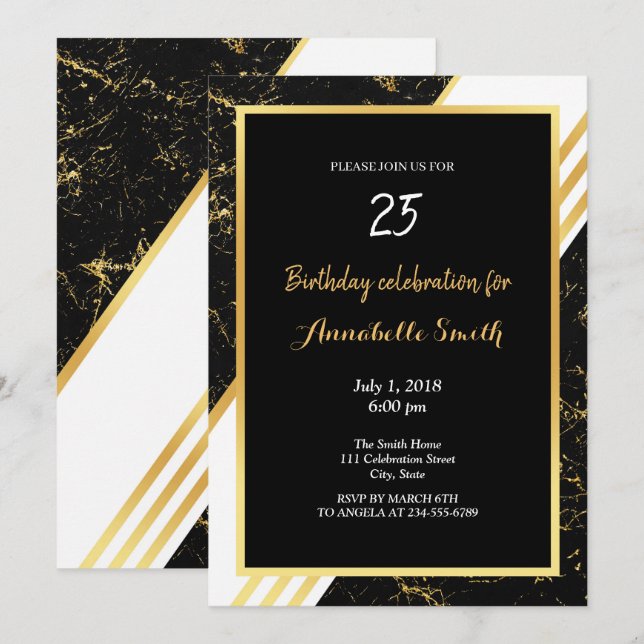 Gold marble stripes typography black Birthday Invitation (Front/Back)