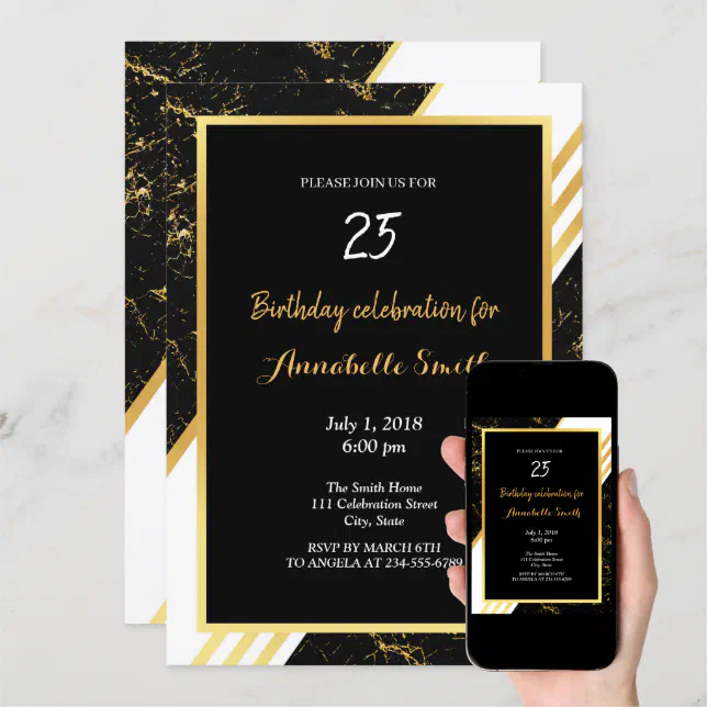 Gold marble stripes typography black Birthday Invitation | Zazzle