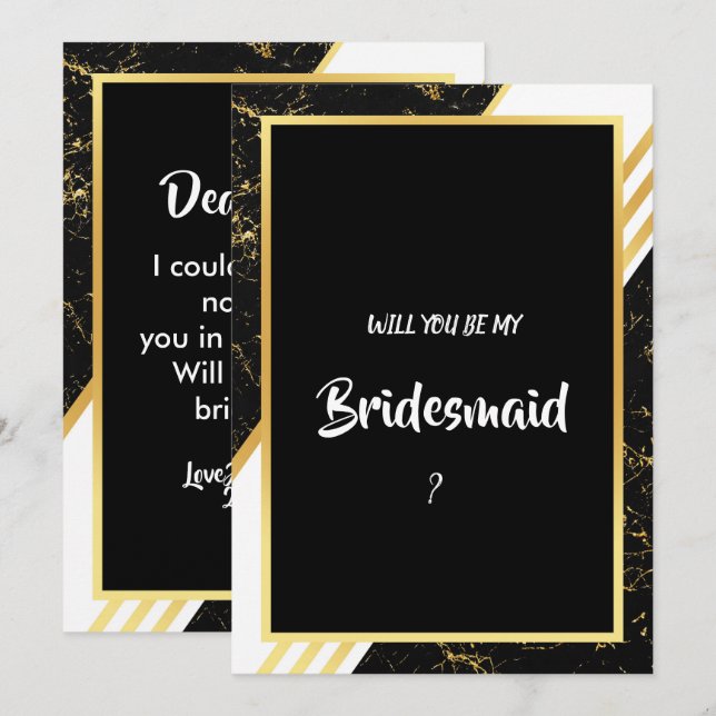 Gold marble stripes typography black Bridesmaid Invitation (Front/Back)