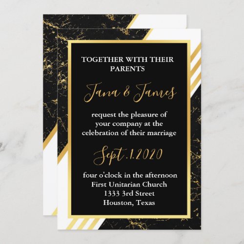 Gold marble stripes typography black invitation