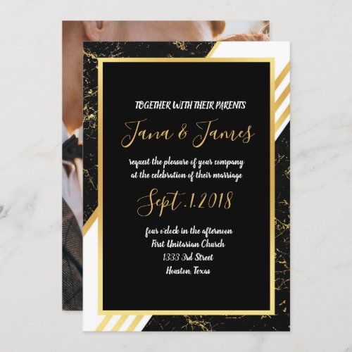 Gold marble stripes typography black invitation