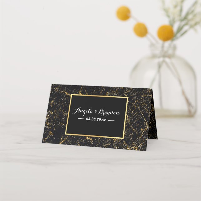 Gold marble stripes typography black place card (Back)