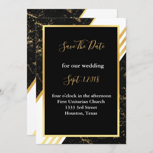 Gold marble stripes typography black save the date invitation
