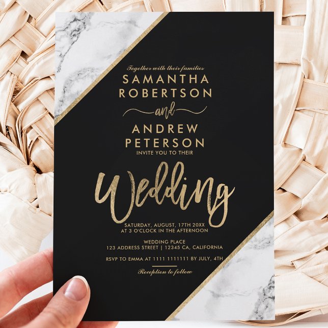 Gold marble stripes typography black wedding invitation (Creator Uploaded)