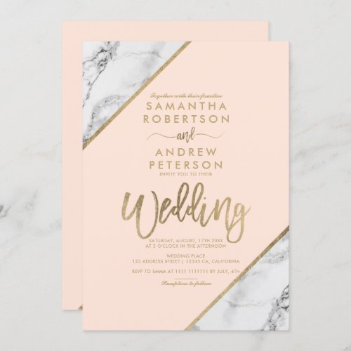 Gold marble stripes typography blush wedding invitation